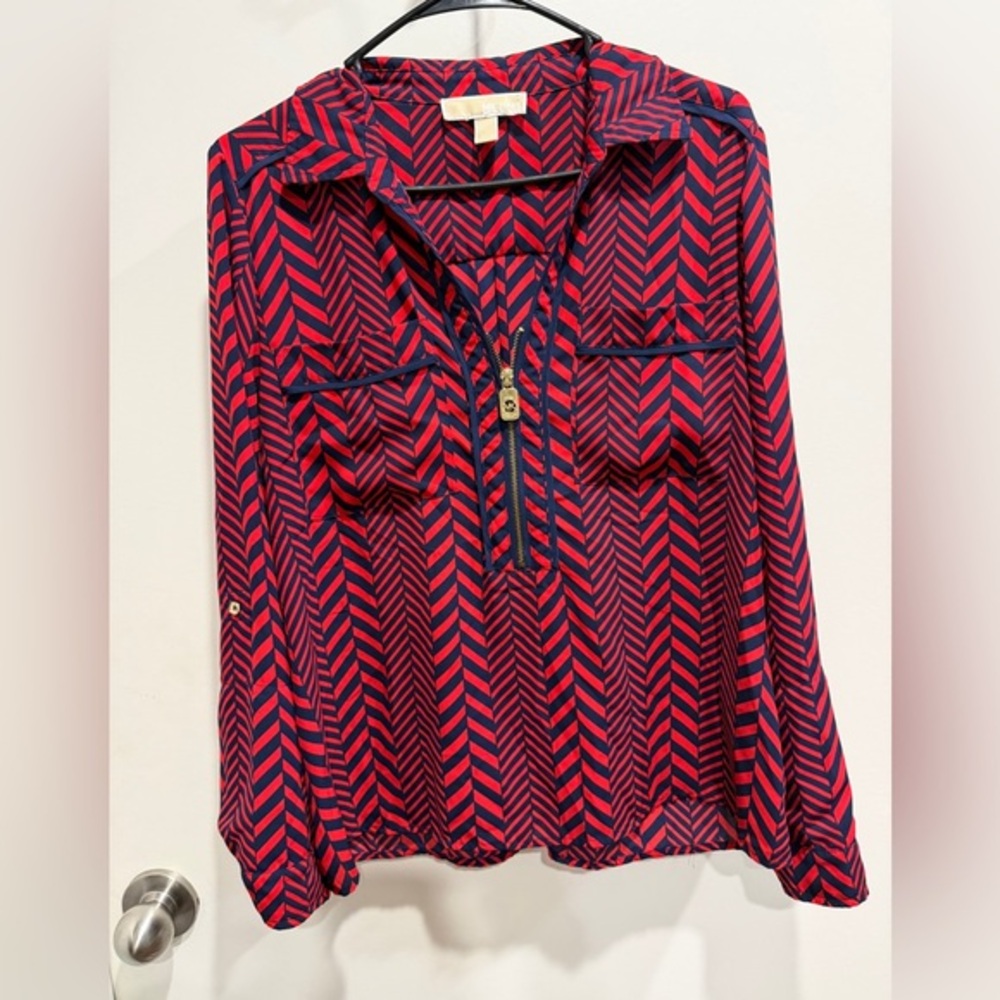 MICHAEL Kors Red and Navy Chevron/Herringbone Blouse. Gently used